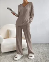 Autumn Winter Ribbed Knit Two Piece Set Womens V Neck Long Sleeve Top Wide Leg Pants Loungewear Casual Solid Color Outfit - Image 6