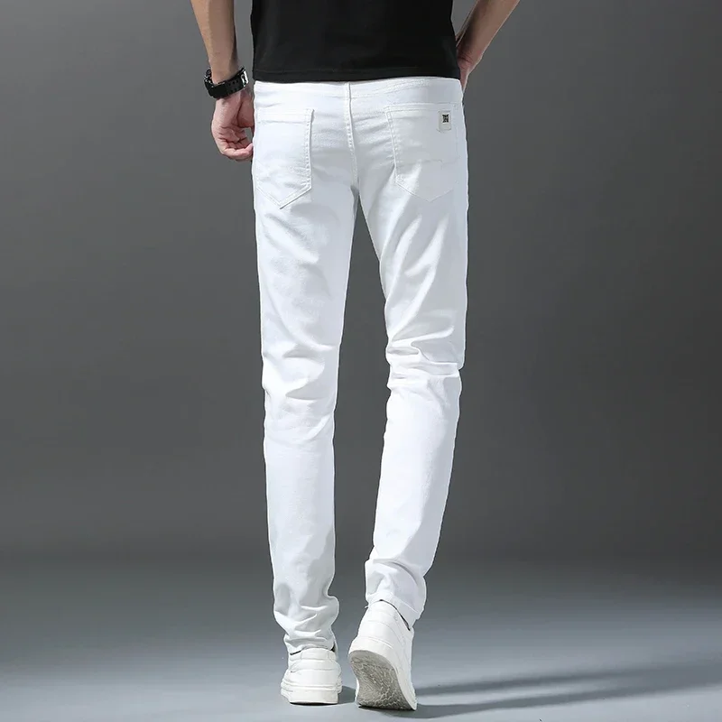 2024 Spring Summer New 98%Cotton Men's Slim Jeans Straight Casual Fashion Pencil Pants High Quality Trousers Male Clothes White 6