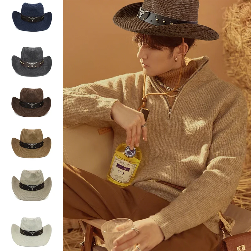 

Men Women Soft Straw Western Cowboy Hats Wide Brim Sunhat Party Travel Outdoor Caps Classical Retro Sombrero UK Size L US 7 1/4