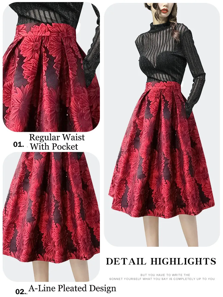 スカート SummerFlower Jacquard Flare Skirt in Red SummerFlower Jacquard Flare Skirt in Red