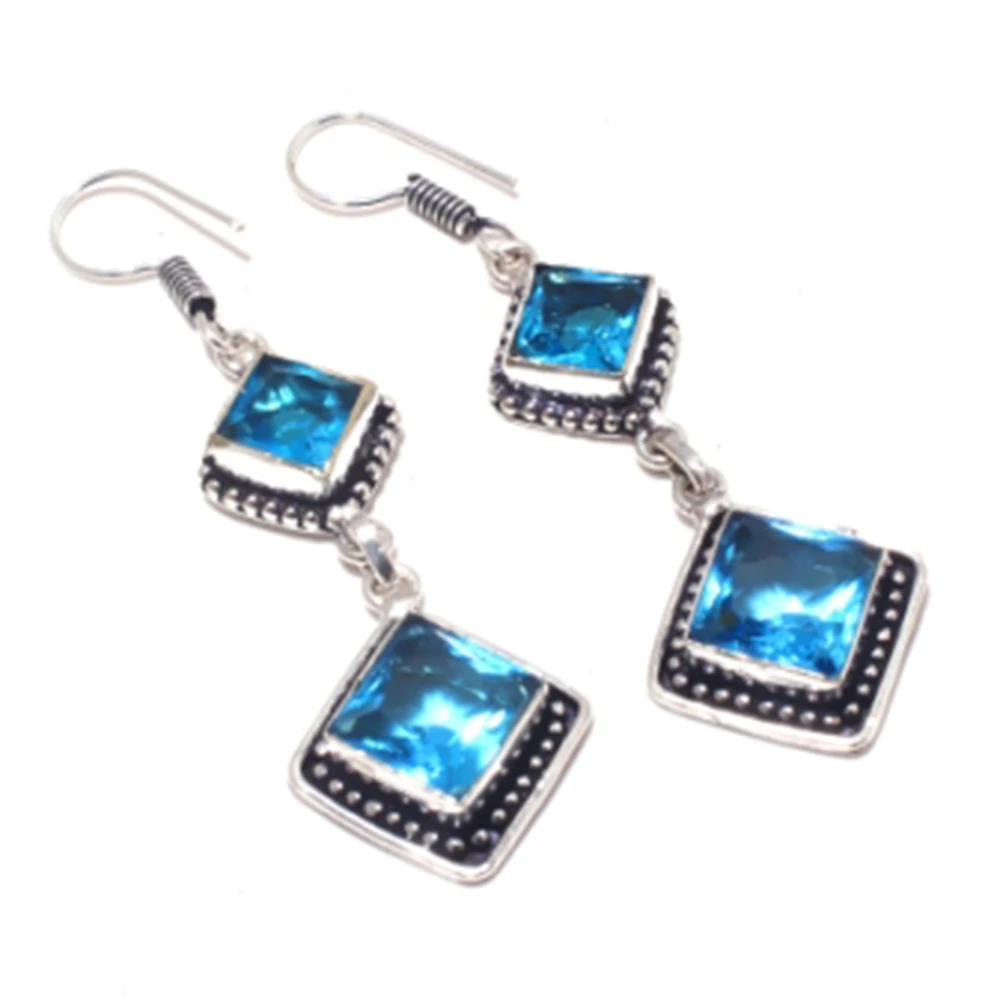 Orecchini Topas Blu Argento Sovrapposti Su Rame, 64 Mm , E4137