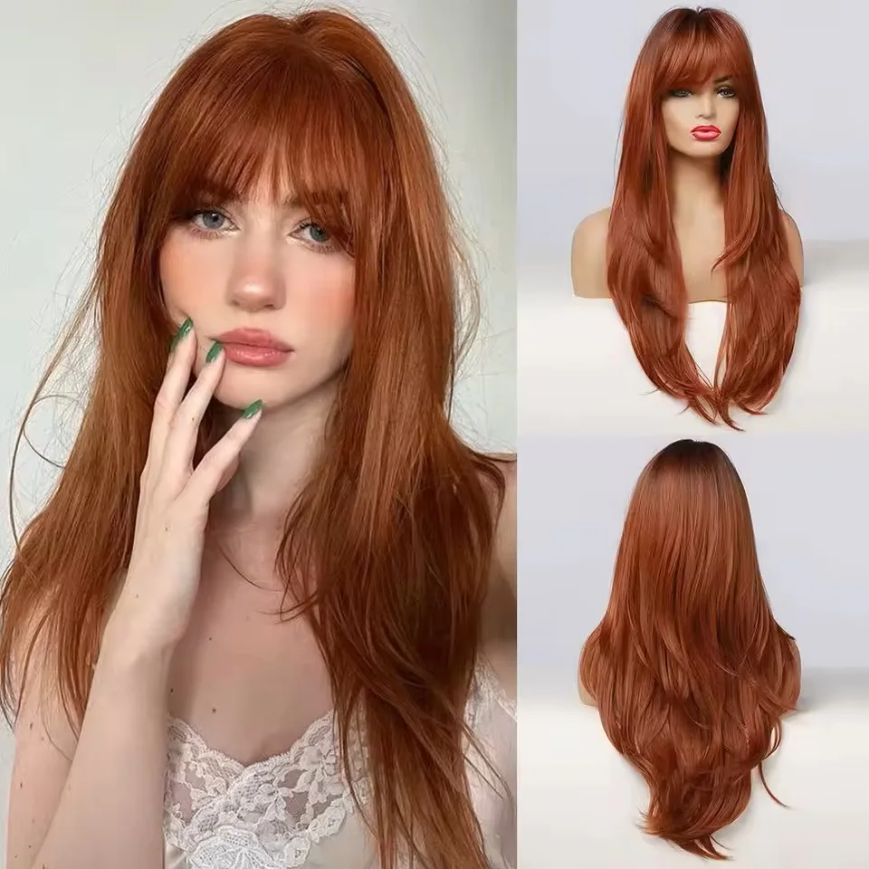 GEMMA Ombre Brown Blonde Long Straight Synthetic Wig with Bangs - High-Temperature Natural Look