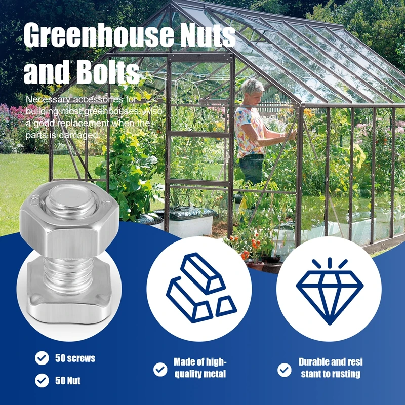 ABZV-50 Packs Greenhouse Nuts and Bolts Square Head Bolts Nuts Greenhouse Repair Kit Parts Replacement Garden Supplies