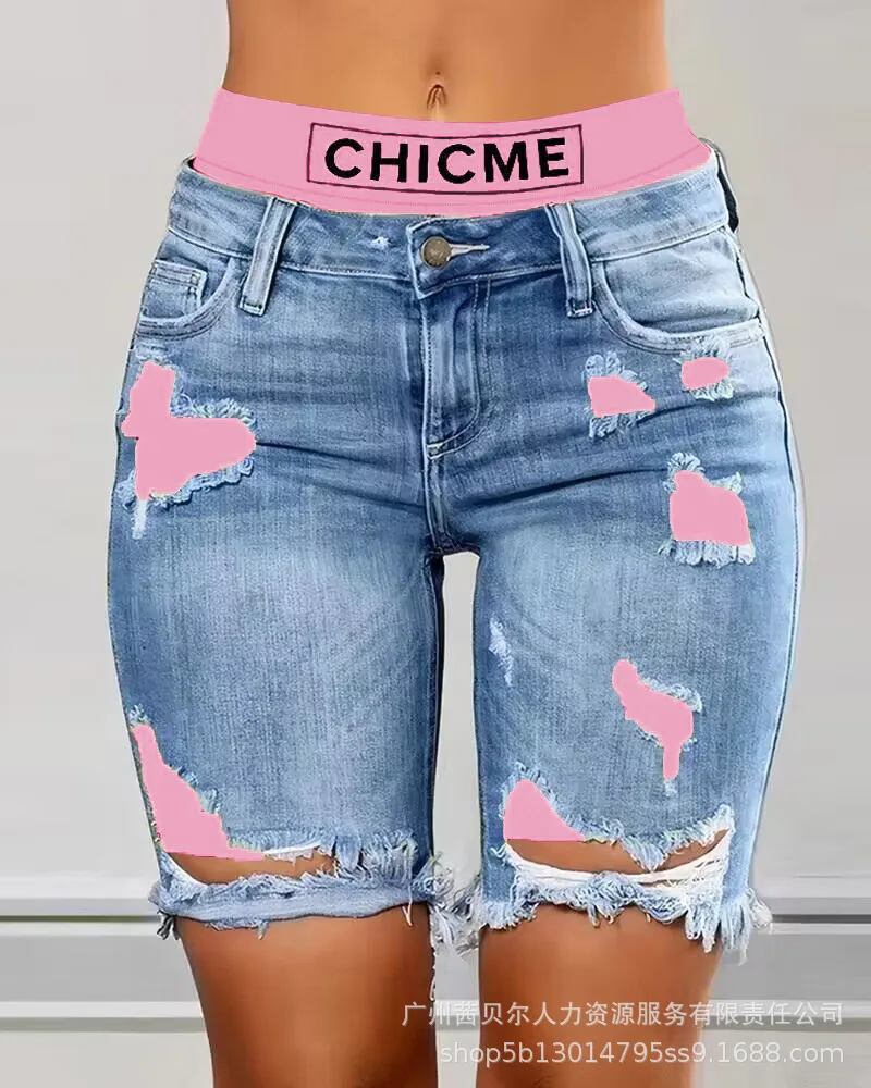Y2K Summer Sexy Ripped Jeans Colorblock Letter Print Short Jeans Ripped Fake 2 Piece Denim Shorts Women Ripped Denim Shorts