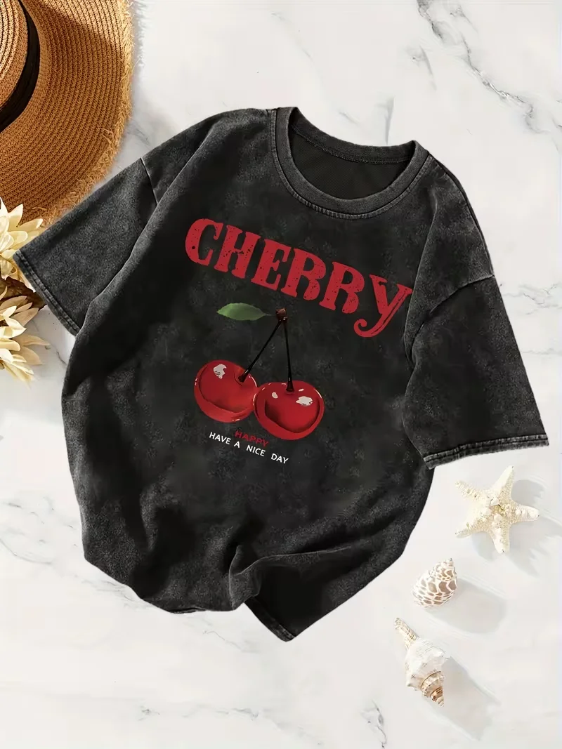 Chic Red Cherry Graphic Tee - Round Neck Unisex Summer Streetwear