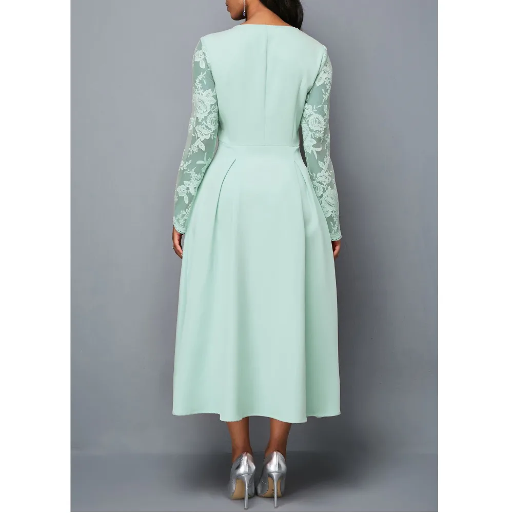 Women's Dress Elegant Long Sleeve Lace Stitching High Waist big hem mid-length Big Size Dresses For Women (12)