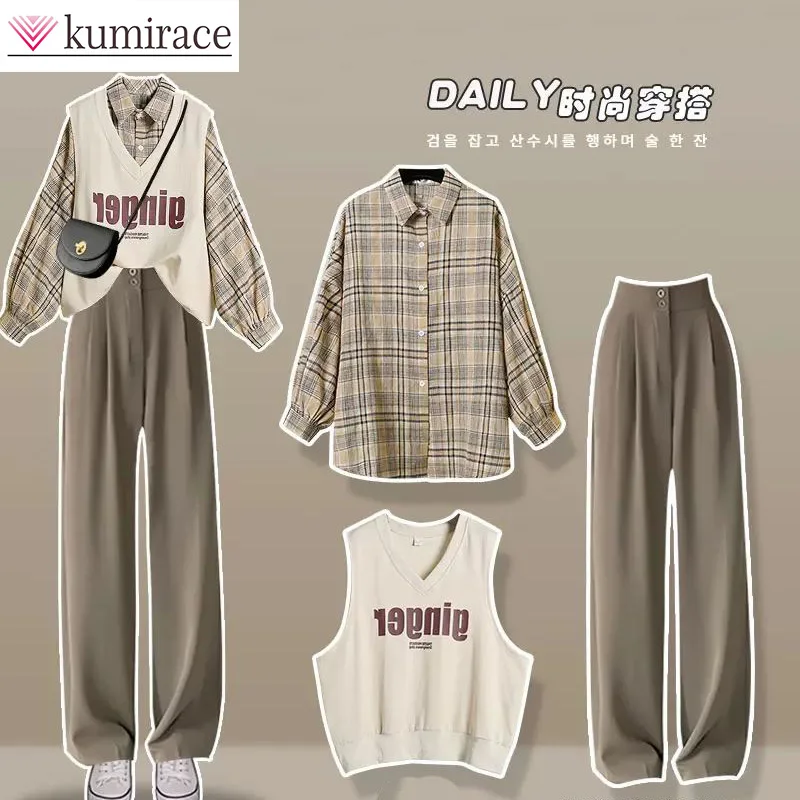 2023 Early Autumn Set Female Student Korean Loose Long Sleeve Checked Shirt+Vest+Wide Leg Pants Three Piece Set Two Piece Sety 2023 new women small suit jacket fashion slim fit three quarter sleeve office clothing casual thin solid color short outwear