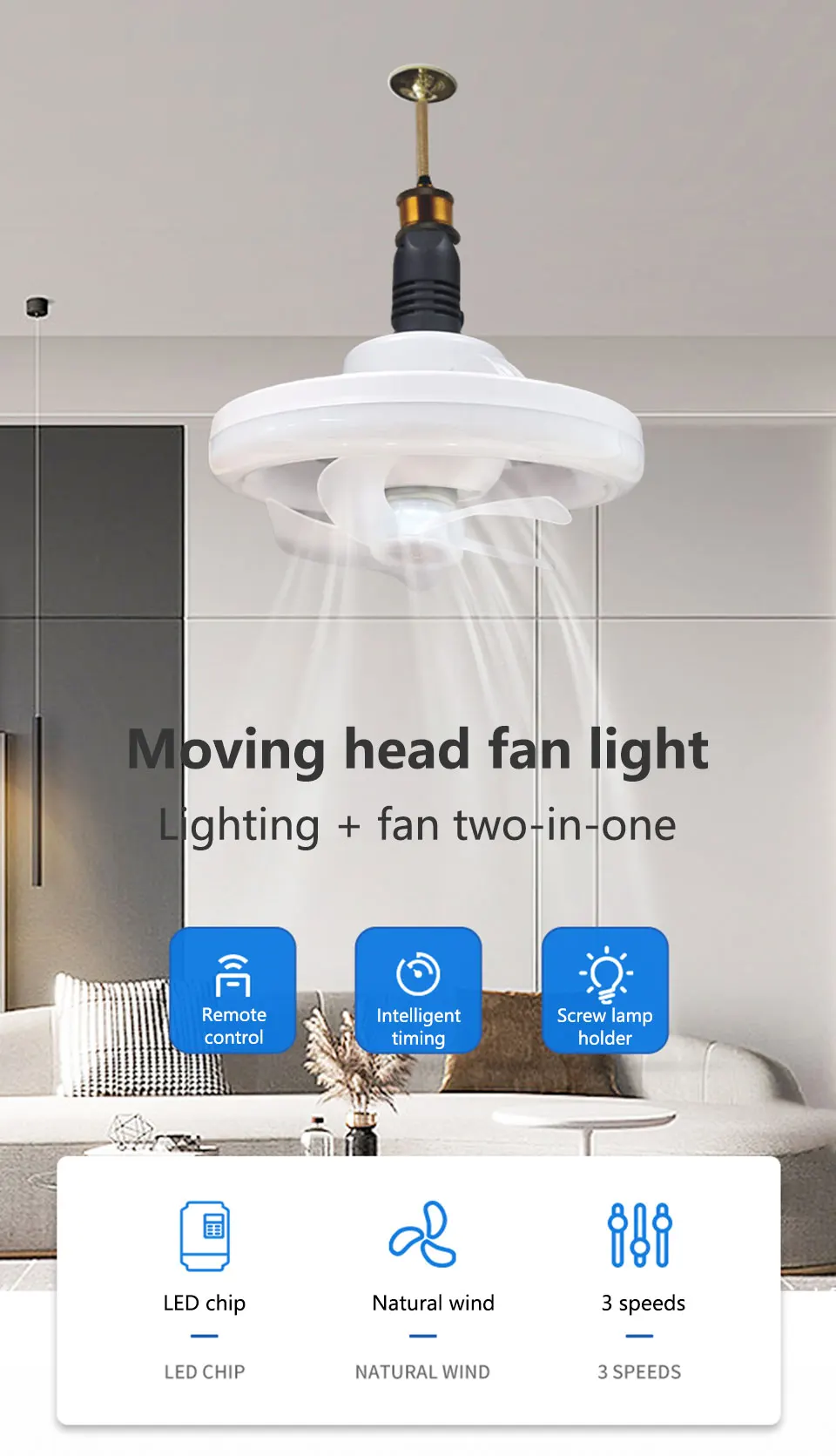 Description Picture 2 of item1pc 2 In 1 LED Mini Fan Light Ceiling Light Shake Head E27 Screw Port Fan Light Suction Pendant Light Remote Control Bedroom