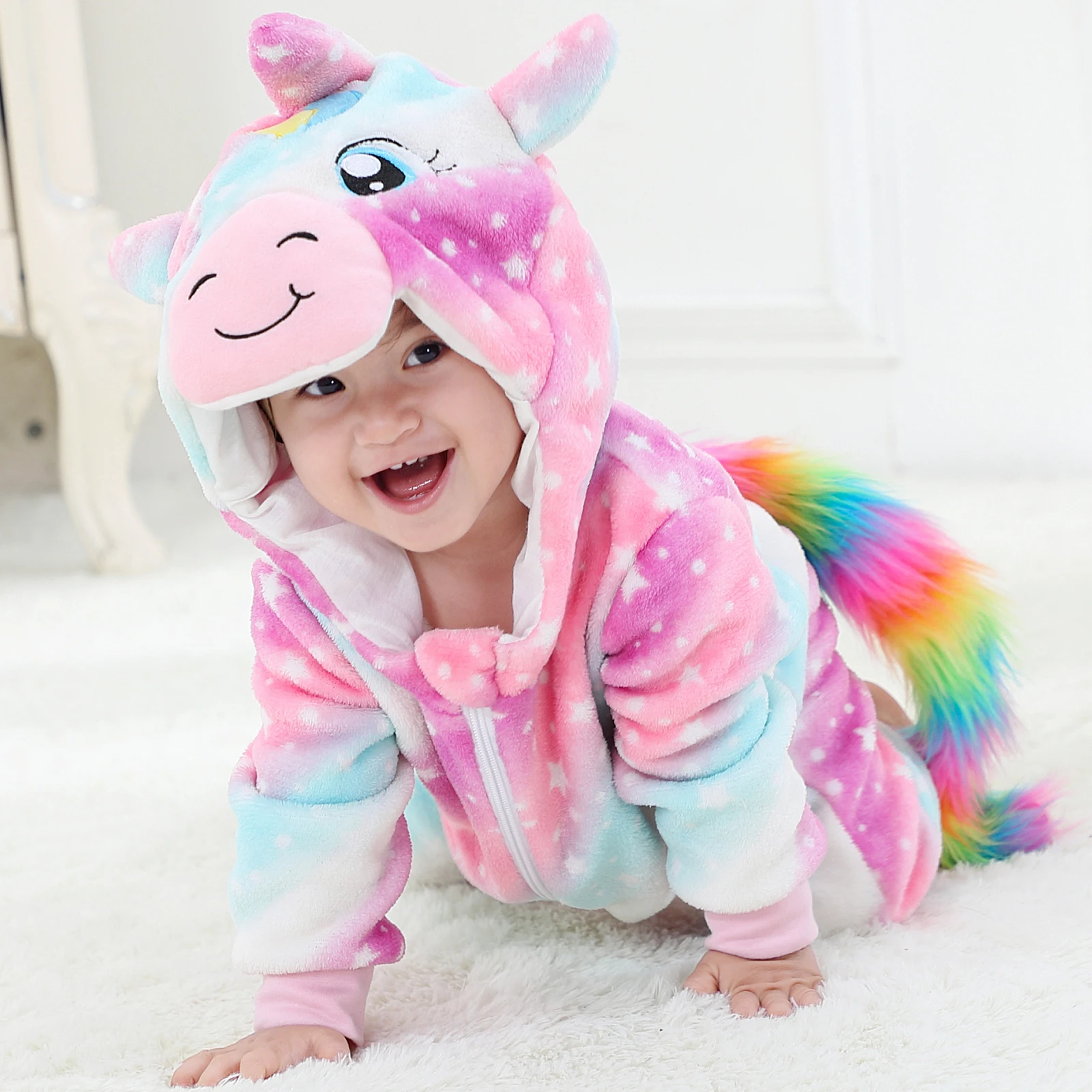 Baby Rompers Winter Costume Flannel for Girl Boy Toddler Infant Clothes Kids Overall Animals Panda Tiger Lion Unicorn Ropa Bebe images - 6