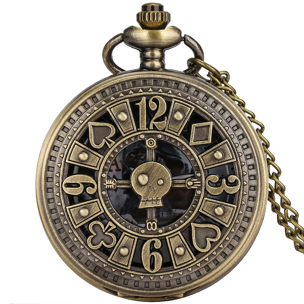 Bronze Retro Poker Cards Skull Design Ghost Display Steampunk Quartz Pocket Watch Fob Vintage Antique Clock with 80cm/38cm Chain