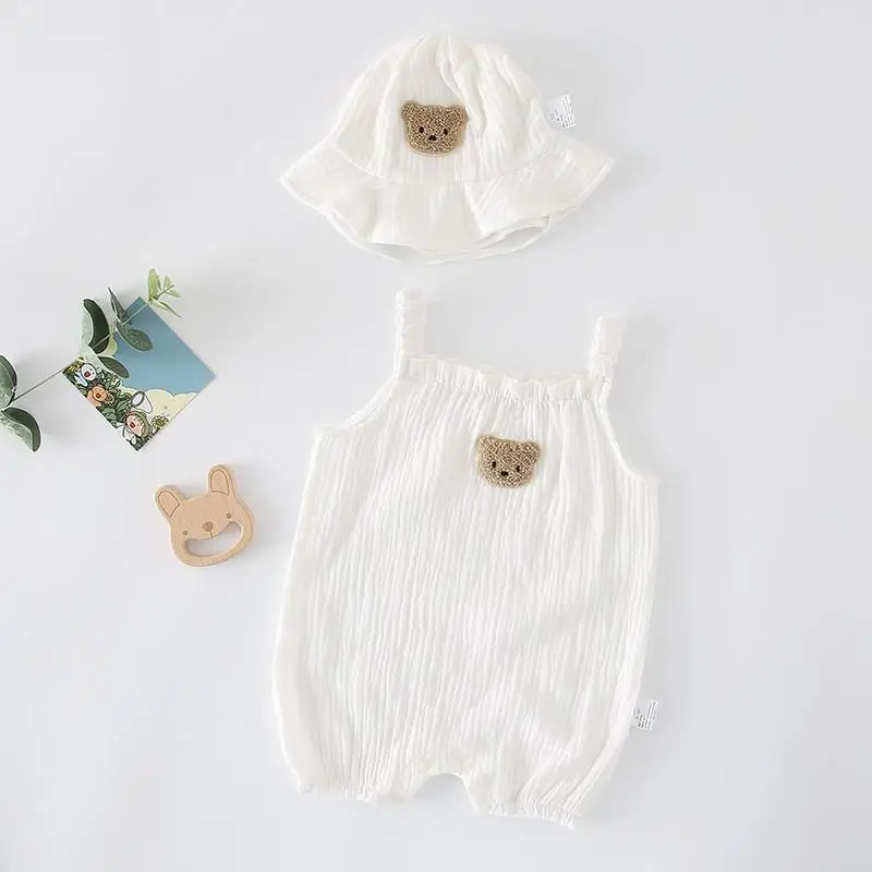 2022 Summer New Baby Sleeveless Bodysuit + Hat Thin Cotton Newborn Infant Cartoon Bear Clothes Baby Boy Jumpsuit Girl Overalls best baby bodysuits Baby Rompers