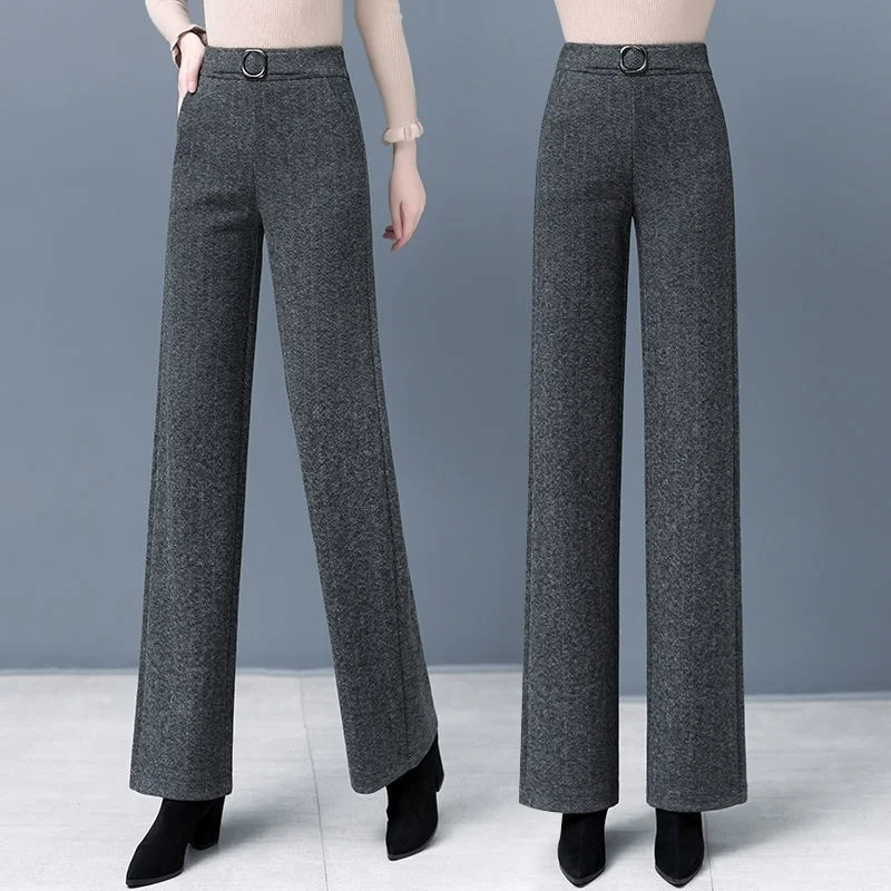 Women Plus Velvet Wide Leg Pant Korean Fashion Woolden Blend Baggy Trousers Fall Winter Fleece Lined Straight Stretch Pantalones