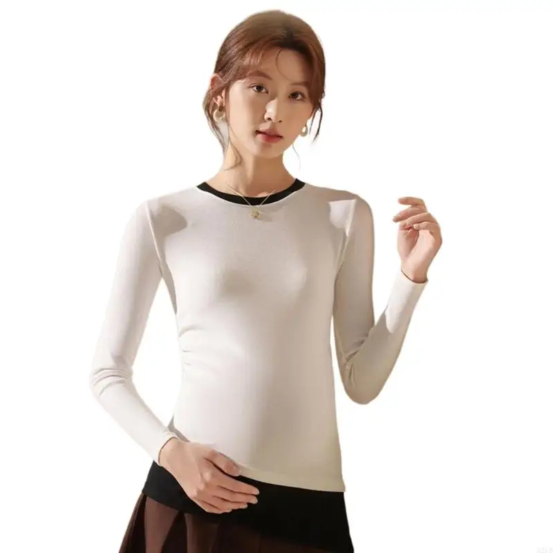 Langärmliges Umstands-T-Shirt aus Baumwoll-Spandex-Mischung, Elastizität und Wärme für schwangere Frauen während der A2UB – Detail 4