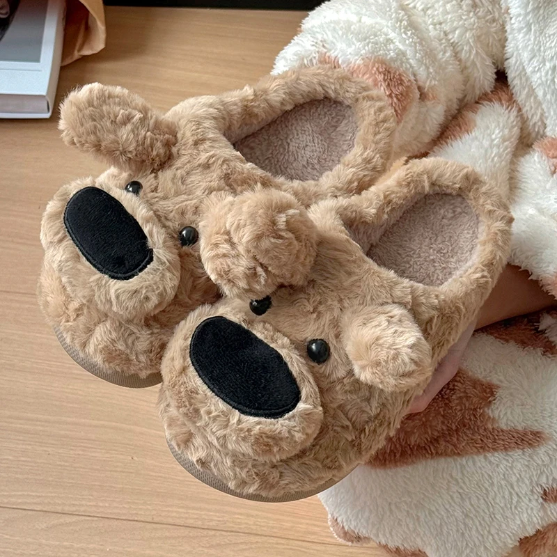 Funny Big Nose Dog Cotton Slippers for Women Comfortable Soft Sole Winter Fluffy Slippers Woman Indoor Non Slip Warm Slides