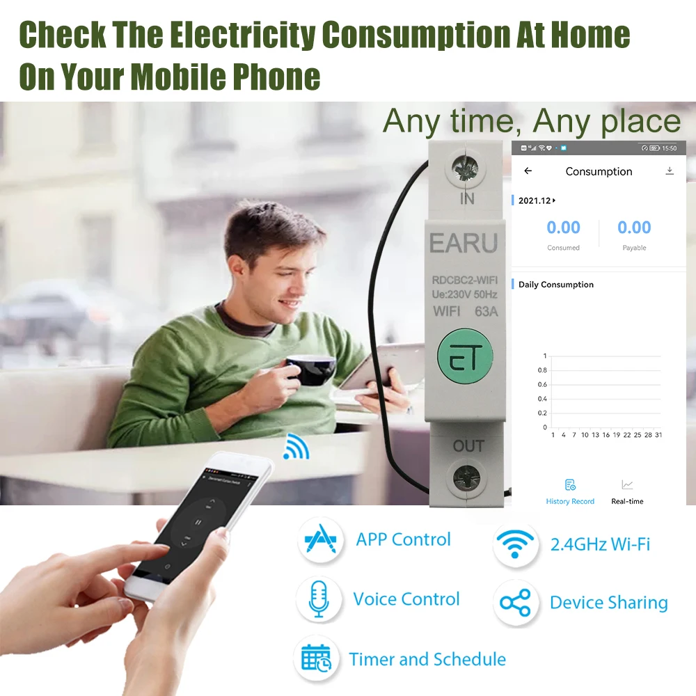 1P Din Rail WIFI Smart Energy Meter Power Consumption kWh Meter Circuit Breaker Time Timer Switch Relay Voltmeter for Smart Home tape measure toolstation