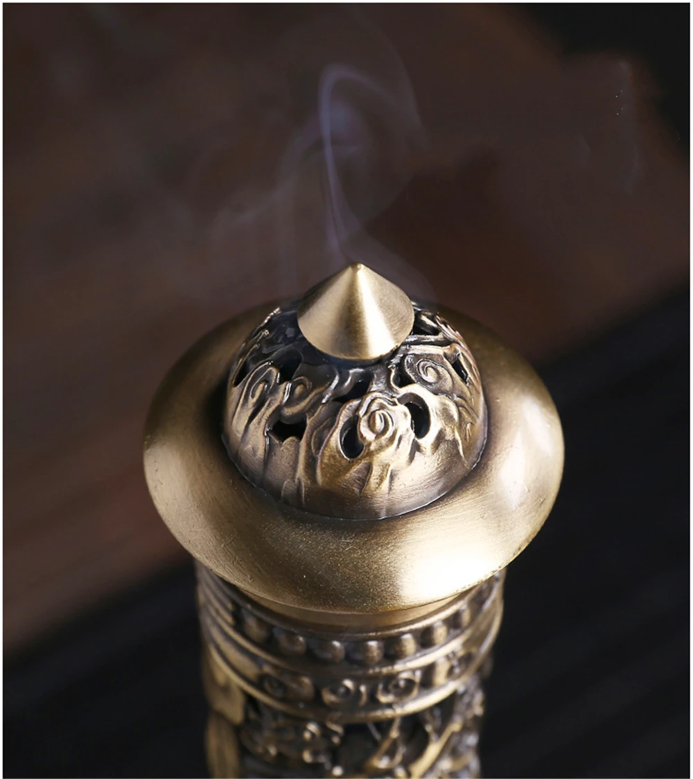 Archaize Vertical Incense Burner Buddha Heart Sutra Dragon Phoenix Pillar Metal Thread Incense Stick Home Office Decoration 4