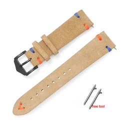 Vintage Handmade Stitching Suede Leather Watch Strap - 20mm/22mm Replacement Wristband - 22mm (Beige)