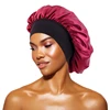 Women's Satin Solid Bonnets Wide-brimmed Night Sleeping Bathing Hat Unisex Head Wrap Elastic Band Cap Hair Care Bonnet - wine red-200006158