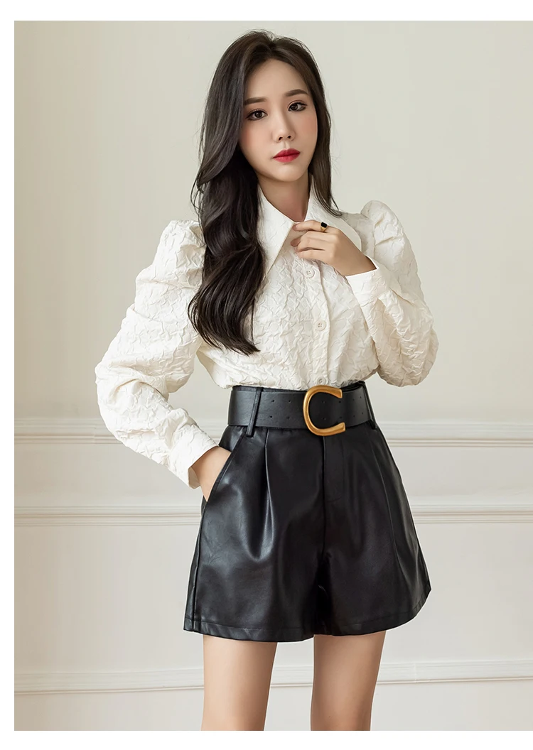 High Street PU Leather Shorts Women Autumn Winter Plus Size Wide Leg High Waist Shorts Feminino With Belt Fashion Short Femme paperbag shorts