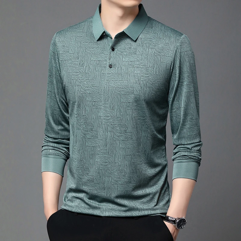 Neues Herren-Business-Casual-Langarmshirt, einfarbiges Poloshirt, modisches, atmungsaktives, bequemes, vielseitiges Top – Detail 9