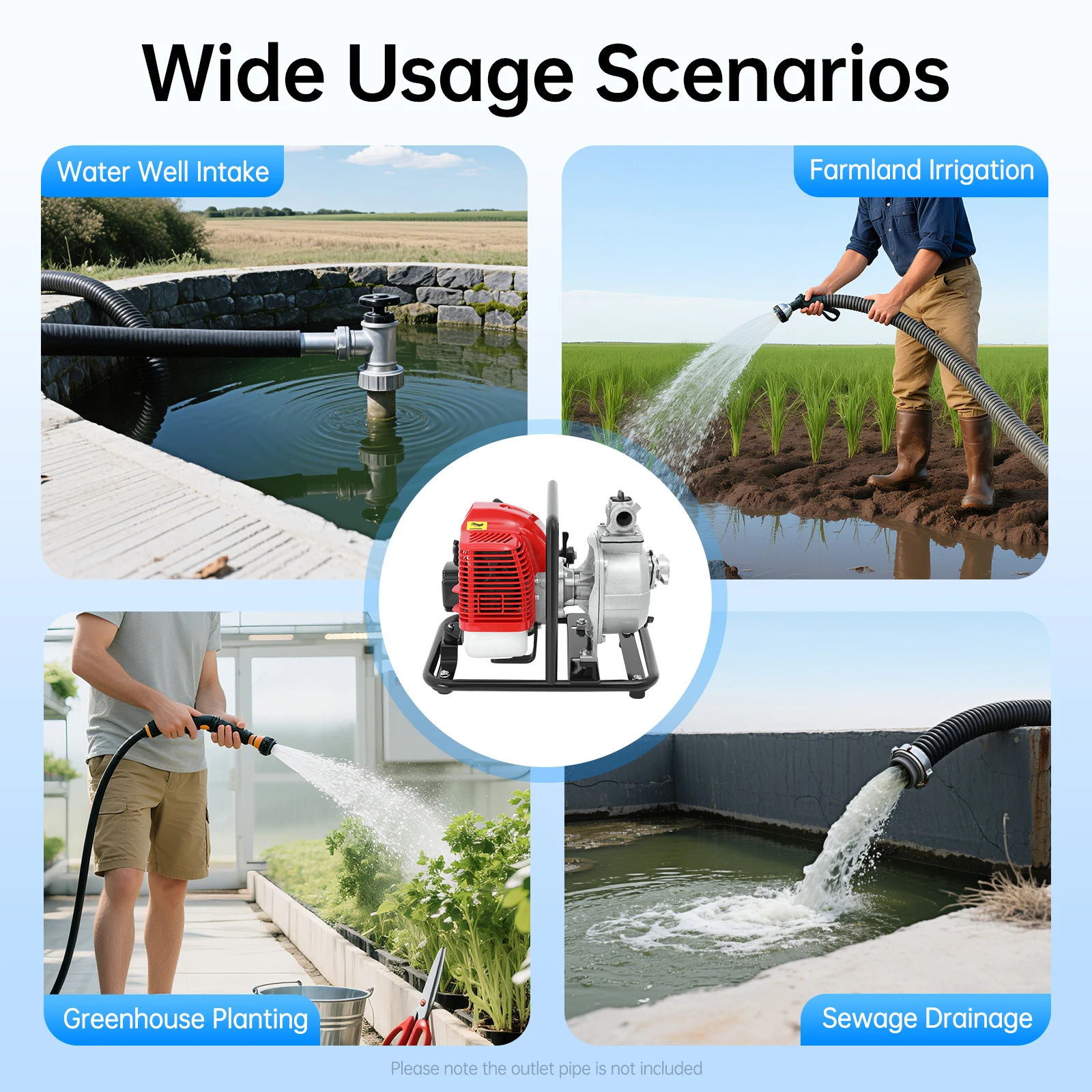 Tragbare 2-Takt-Wasserpumpe, 43 cc, 1250 W, Hochhub-Bewässerungspumpe für Garten, Bauernhof, Transferentwässerung – Detail 6