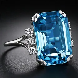 Elegant Blue Square Cubic Zirconia Crystal Ring in Sterling Silver for Women - Luxury Jewelry Cocktail Party Gift (18870)