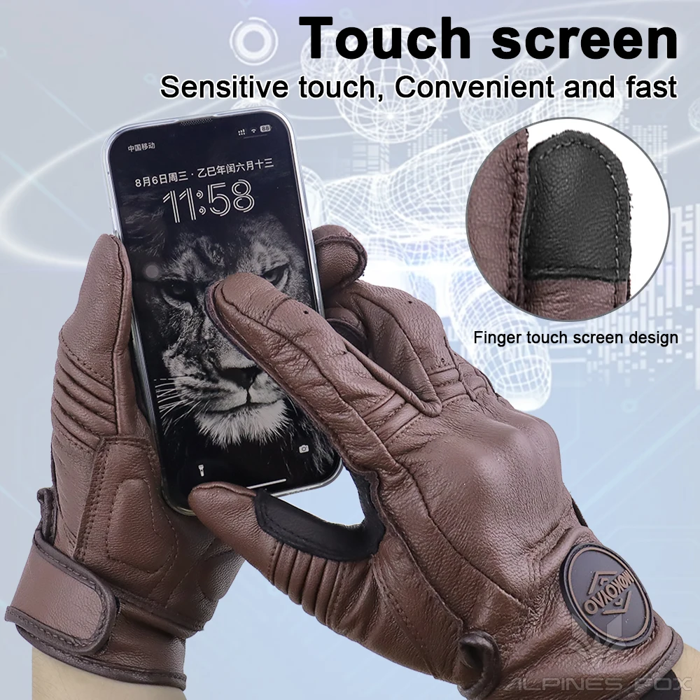 Vintage Brown Leather Motorcycle Gloves - Unisex Anti-Slip, Breathable, Touchscreen-Compatible Racing Gloves