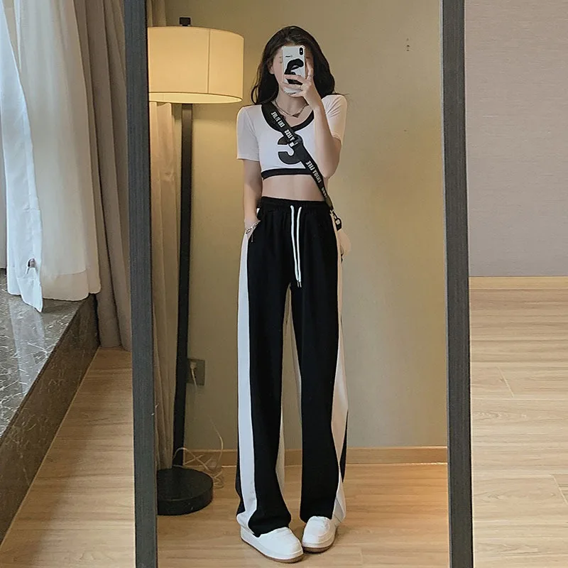 

Women Summer High Waist Wide Leg Pants Splicing Loose Drawstring Streetwear Pants Jazz Sweatpants