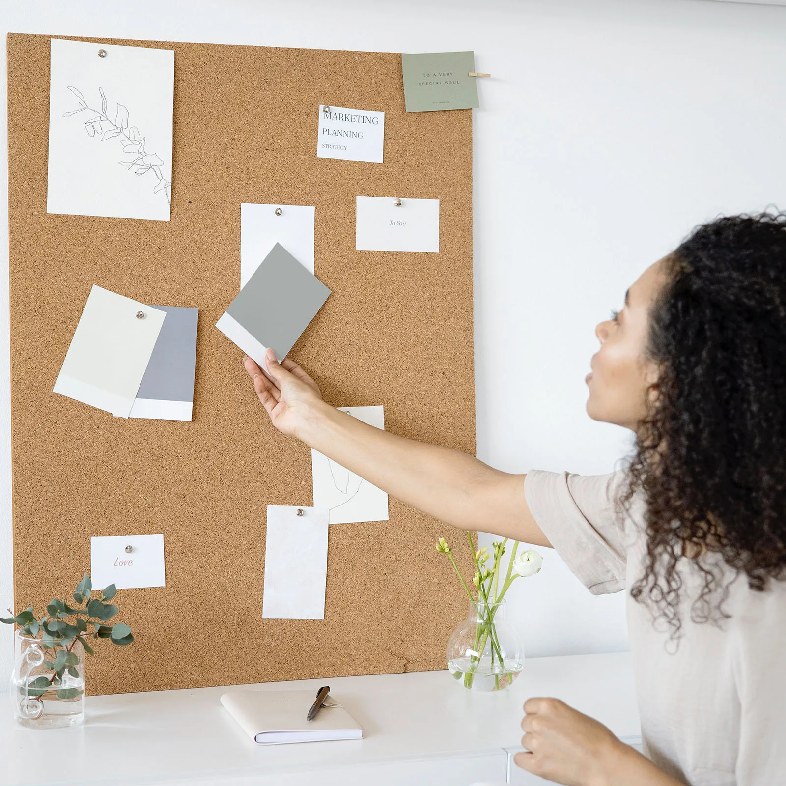 6Pc Cork Board Bulletin Board Cork Tiles 1/2" Thick Small Square Pin with Self Adhesive and 50Pc Push Pin Wood Clips