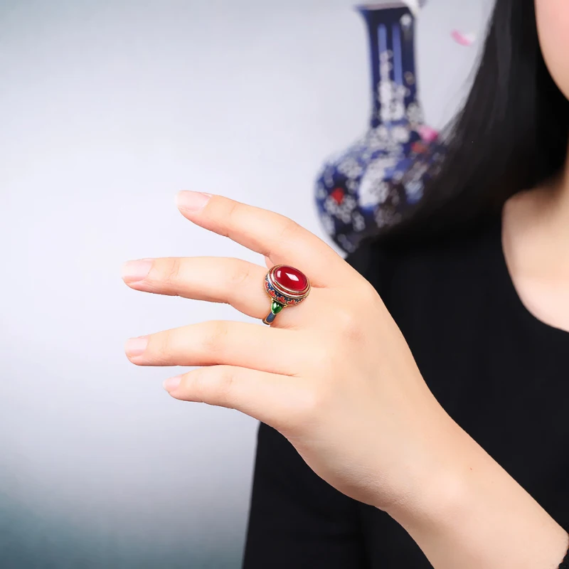 Original ancient gold craftsmanship natural carnelian rings for women flower enamel national style light luxury Wedding jewelry