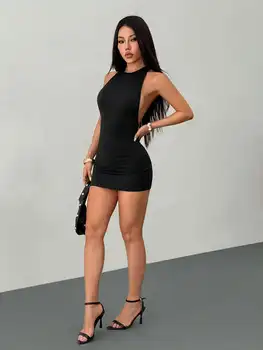 Women's Solid Color Cross Back Mini Dress Sexy Casual Maxi Evening Gown for Cocktail Prom Birthday Party 5