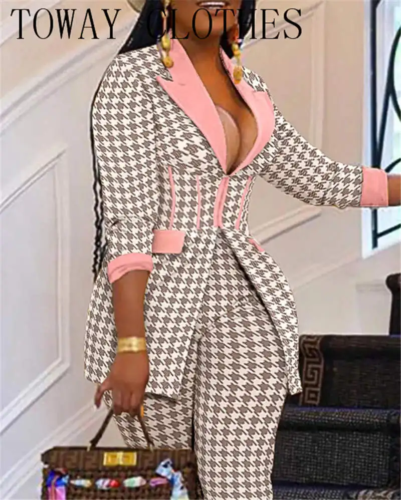 Houndstooth print long sleeve corset blazer coat & pants set Clearance