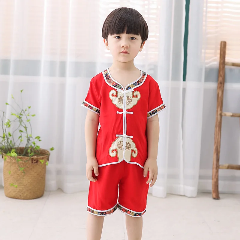 Children Tang Suit Spring Summer Boy Ancient Costume Suit 2023 New Traditional Chinese Style Clothes Baby Short Sleeve Suit summer ivory linen men suits for beach wedding suits groom tuxedo custom groomsmen blazers man costume homme 2piece vest pants