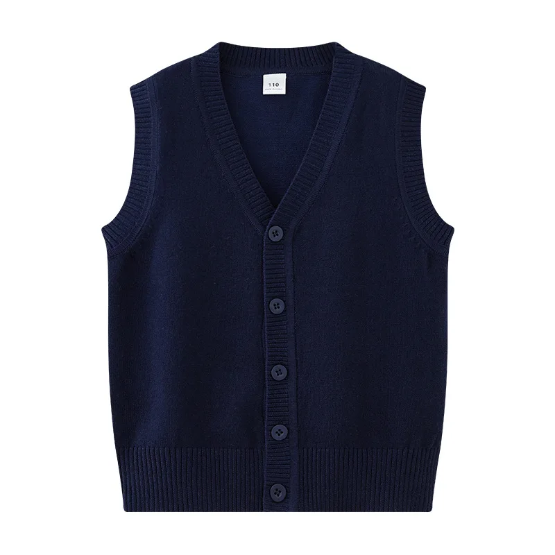 키즈 버튼 다운 니트 조끼 어린이 민소매 v 넥 스웨터 카디건 소년 소녀 학교 유니폼 조끼 봄 가을