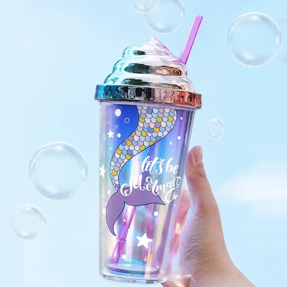 420ml Fashion Tumbler Cup Lightweight Straw Cup Heat Insulated Drinkware Mermaid Pattern Sippy
