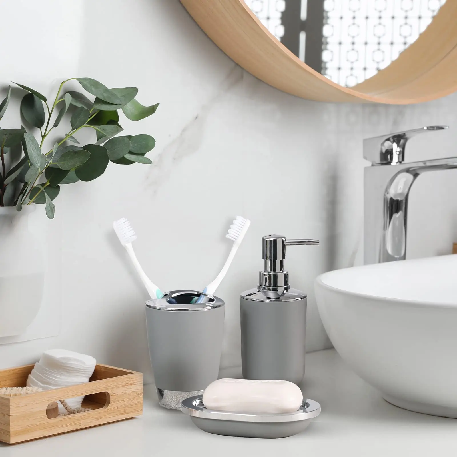Bathroom Accessories, 8 Piece Bathroom Accessories Set with Trash Can, Toothbrush Holder and Cup, Soap Dispenser and Dish