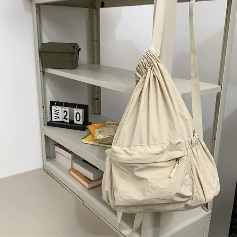 E8FB Trendy Canvas Drawstring Backpack Large Capacity School and Travel Bag for Teens and Adults Solid Color Daypack Book Bag 4