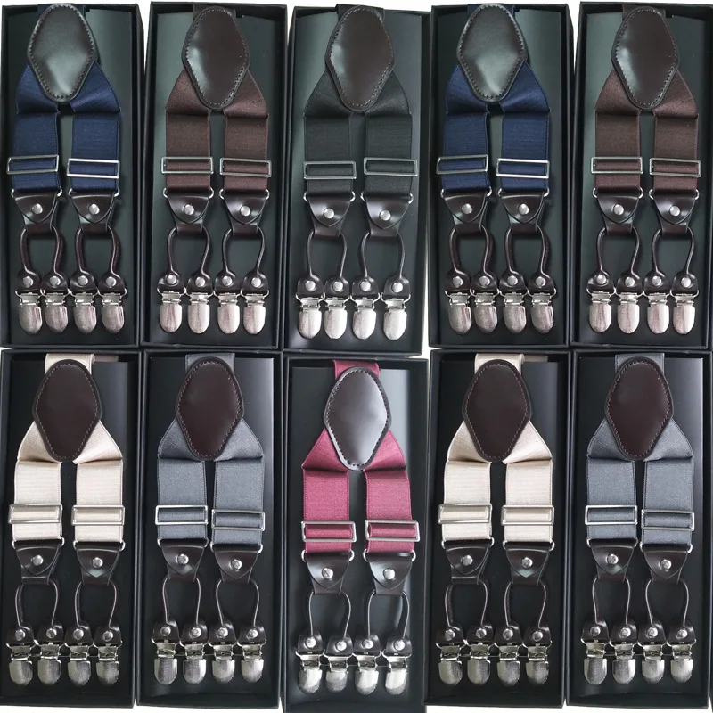 

Male Shirt Suspenders Men PU Leather Solid 6 Clips Strap Western-style Trousers Man Braces Adjustable Belt