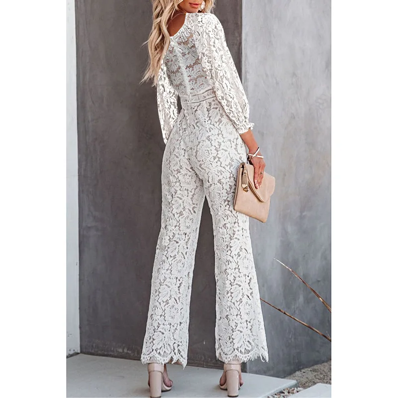 Autumn and winter women explosions nine-point sleeve V-neck slim lace jumpsuit