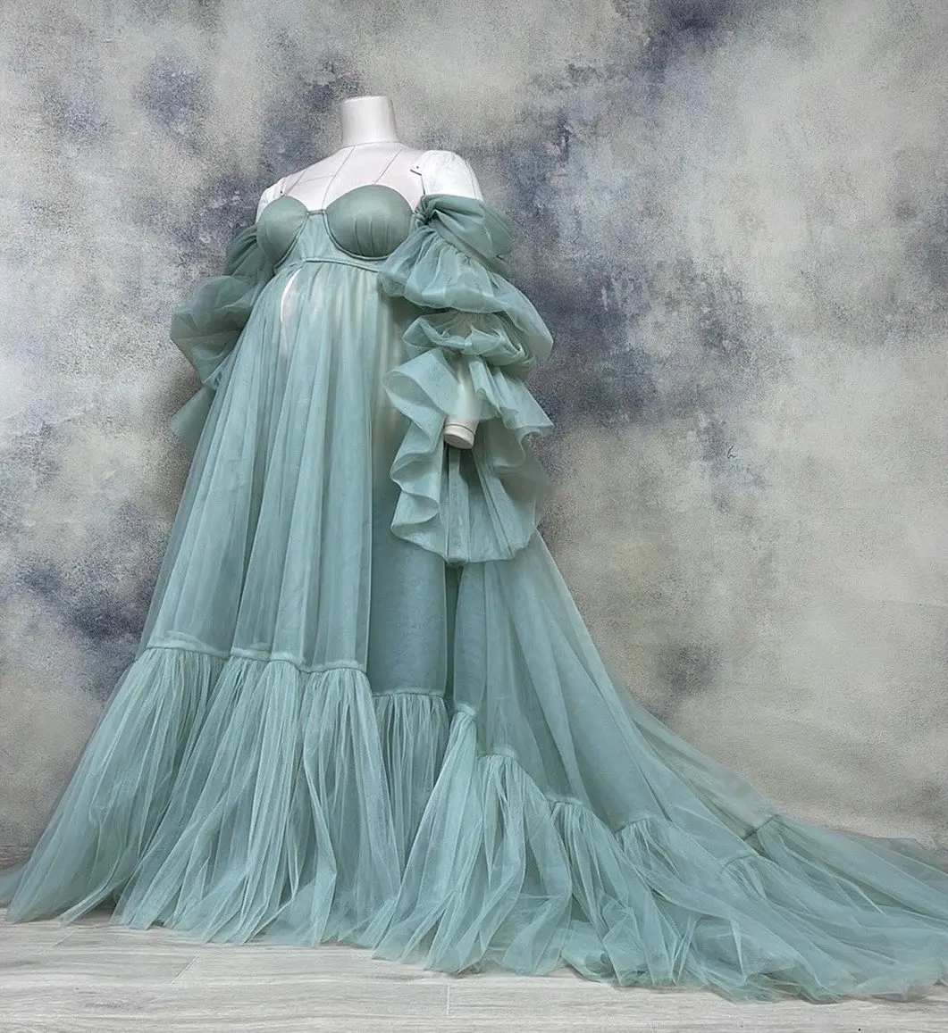 

New Arrival Sage Green Maternity Dresses Photo Shoot Robes Puff Sleeves Off the Shoulder Maternity Gowns Babyshower Dress Custom