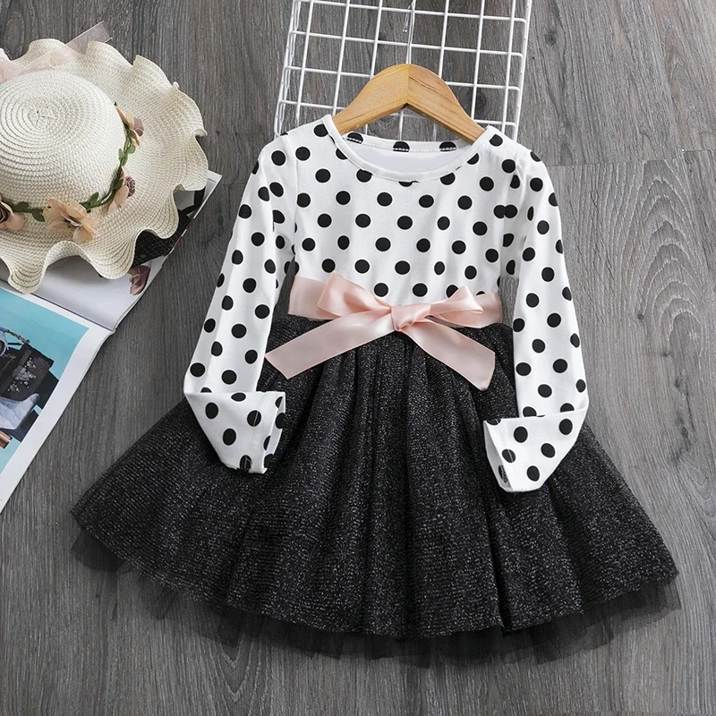 Long Sleeve Dress For Girl Polka Dot Bow Kid Clothes 2 3 4 5 6 Year Baby Tutu Birthday Outfit Party Wear Summer Dress Cloth