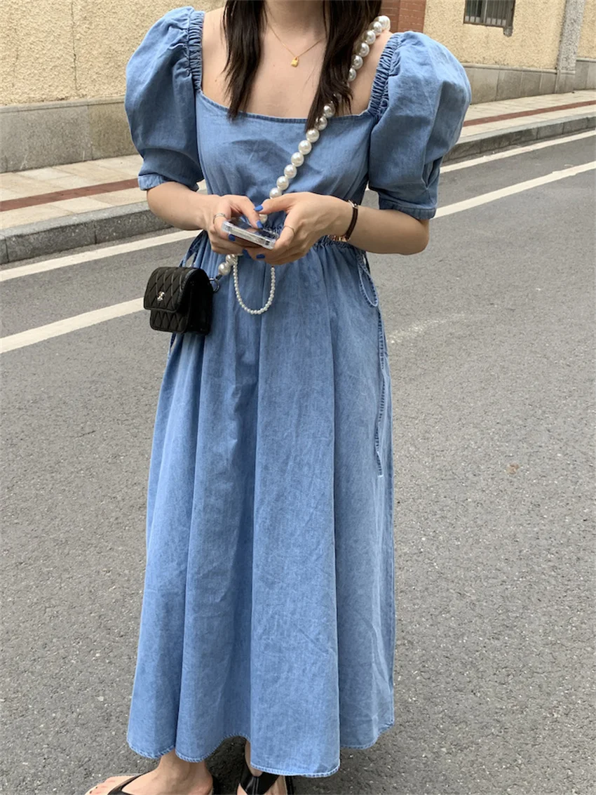 

PLAMTEE Summer Blue Princess Dress Women Light Washed New High Waist Short Puff Sleeve 2023 Denim Chic OL Slim Maxi Vestidos