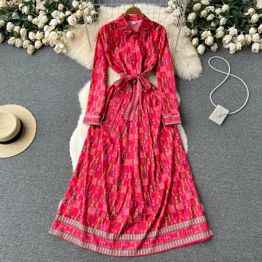 

Merchall French Retro Letter Print Long Dress Spring Summer Runway Long Sleeve Lapel Lace Up Belt Vintage Vestidos Women Clothes