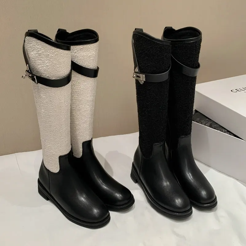 

Luxury Genuine Leather Patchwork With Tweed Tube Mixed Color Knee-high Western Cowboy Boots Winter Shoes With Metal Lock Strap