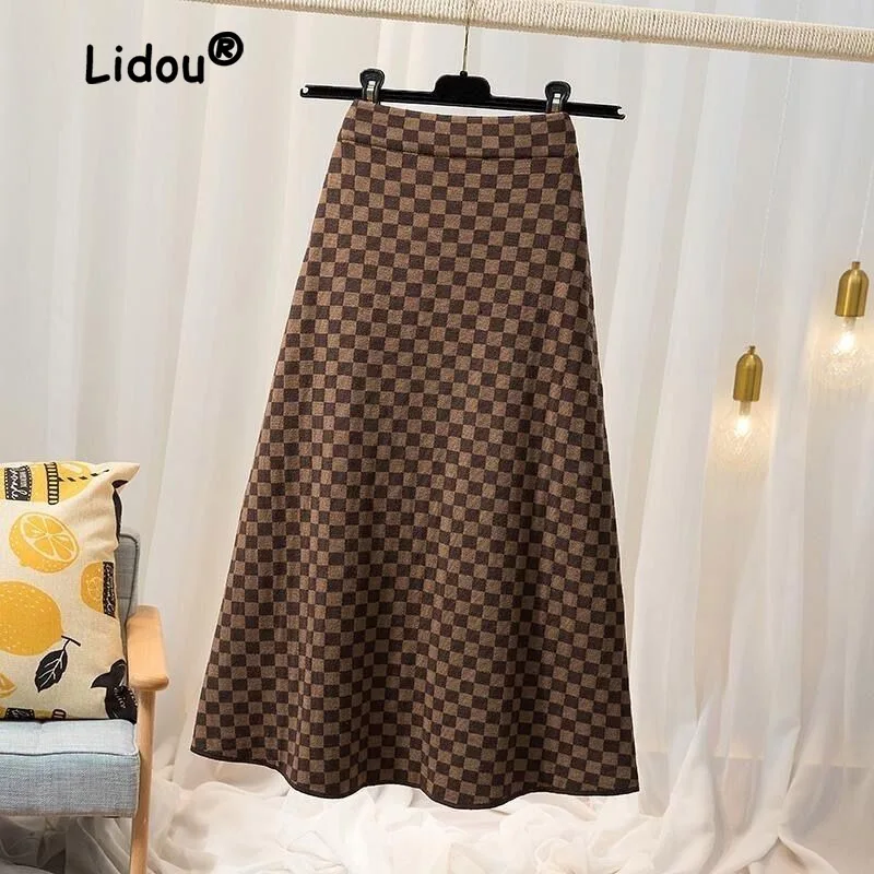 Classic All-match Fashion Plaid A-line Skirt Women Office High Waisted Mid Length Version Korean Casual Thick Lady Skirt