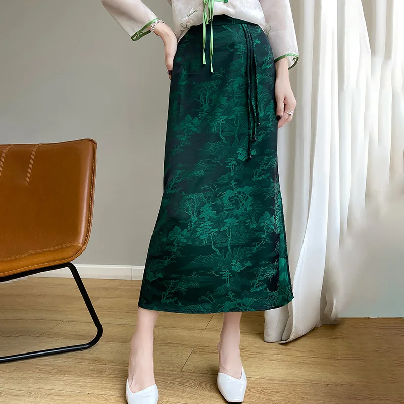 

Винтажная жаккардовая элегантная юбка для женщин в китайском стиле с открытой спиной и высокой талией, макси-юбка в стиле Харадзюку