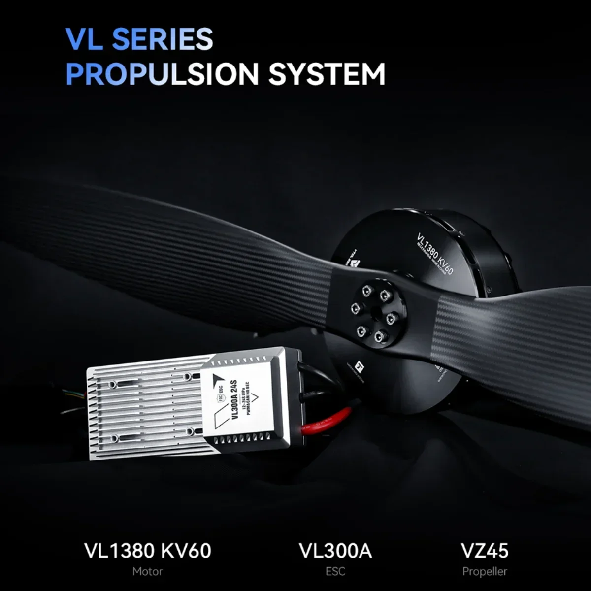 Moteur T-MOTOR VL1380 monté sur un bras de drone VTOL, avec des câbles de puissance et un connecteur industriel.