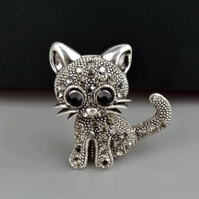 Spilla Gatto Con Strass Cristallo Argento – Gioiello Donna Con Sacchetto Regalo