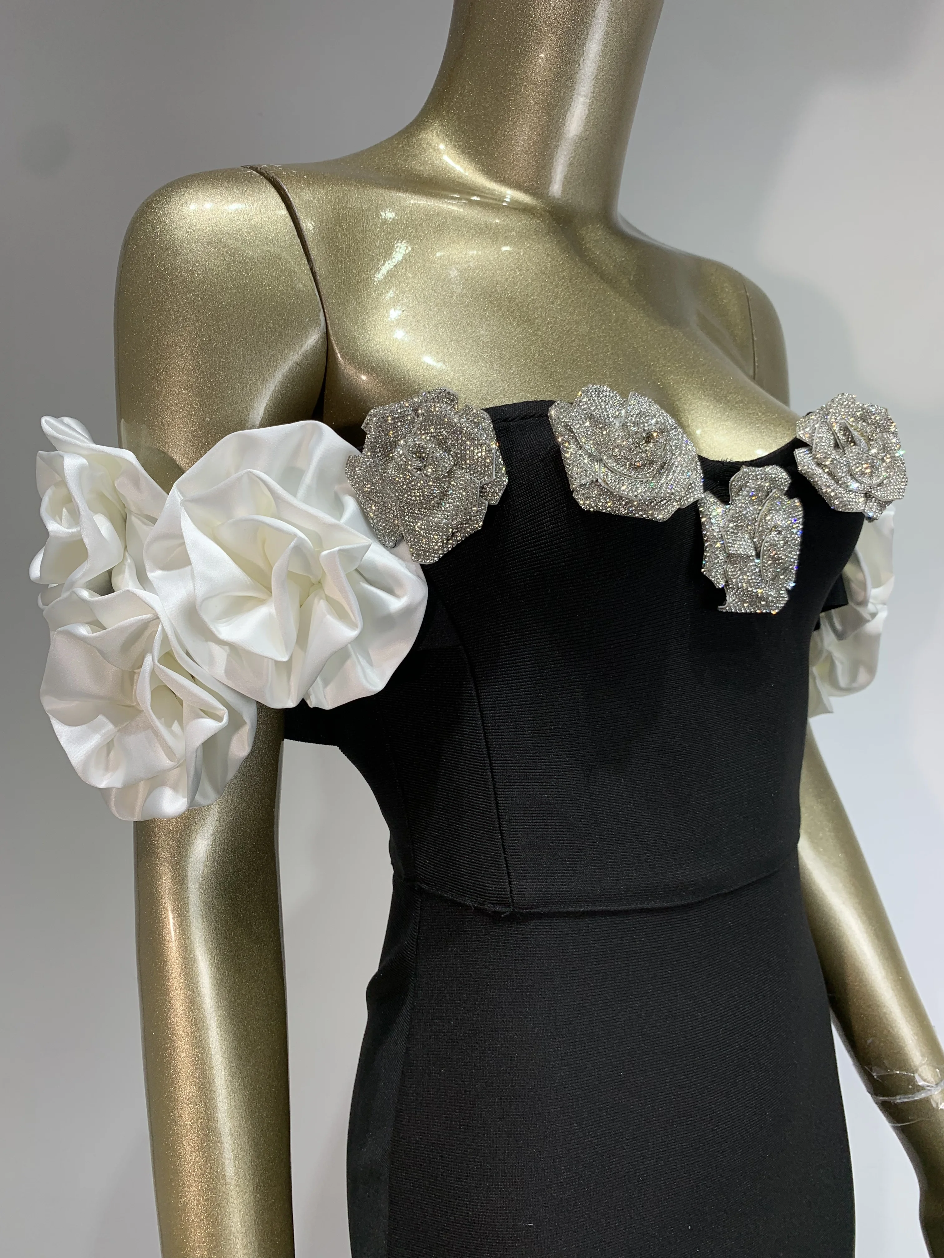 New Cocktail Dress Elegant Party Evening Celebrity Prom Gown Sexy Black Bandage Flower Backless Off Shoulder Long Dresses