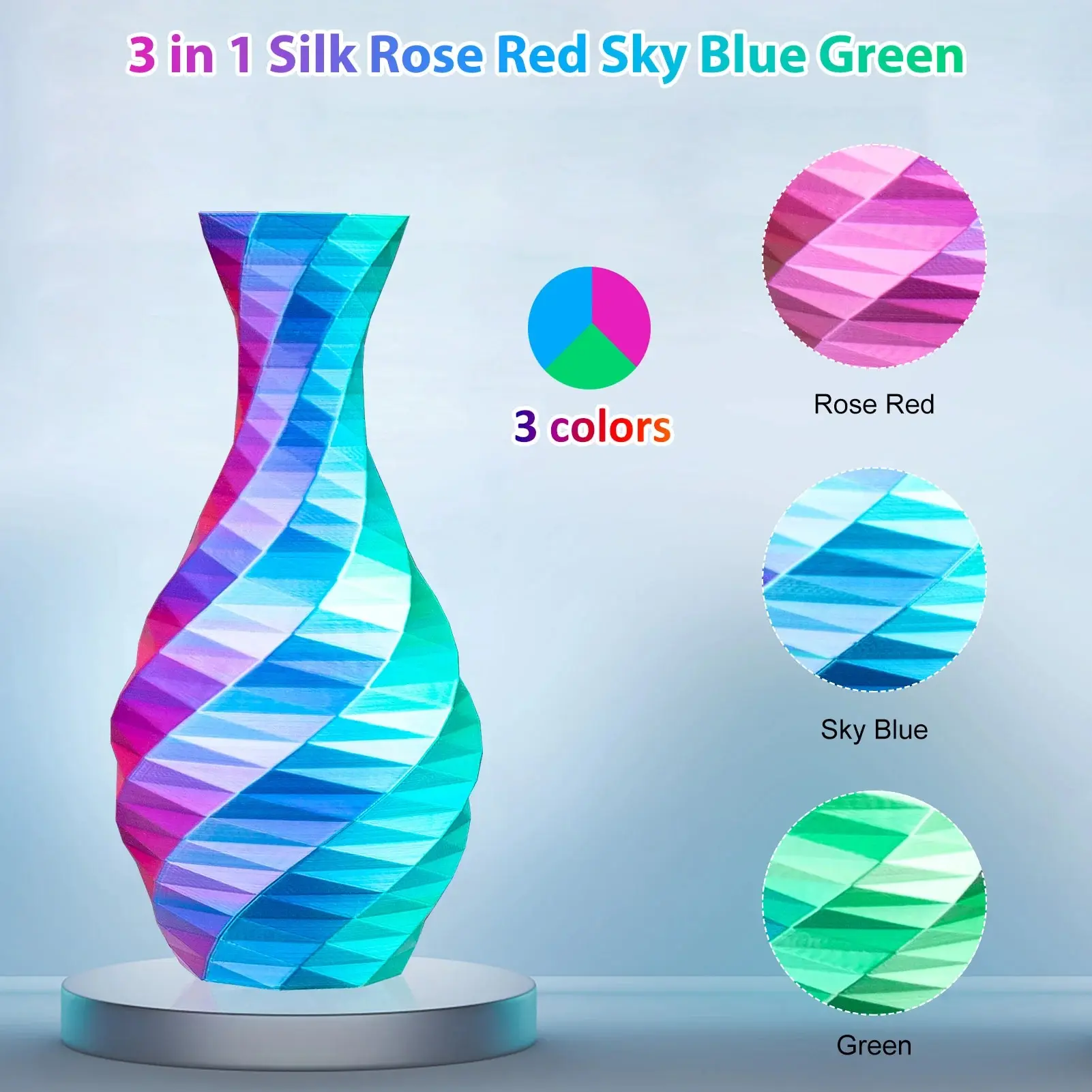 실크 PLA 3D 프린터 필라멘트, 트리플 컬러 실크 PLA 필라멘트, 250g, 3 인 1 컬러, 로즈 레드 스카이 블루 그린, 1.75mm